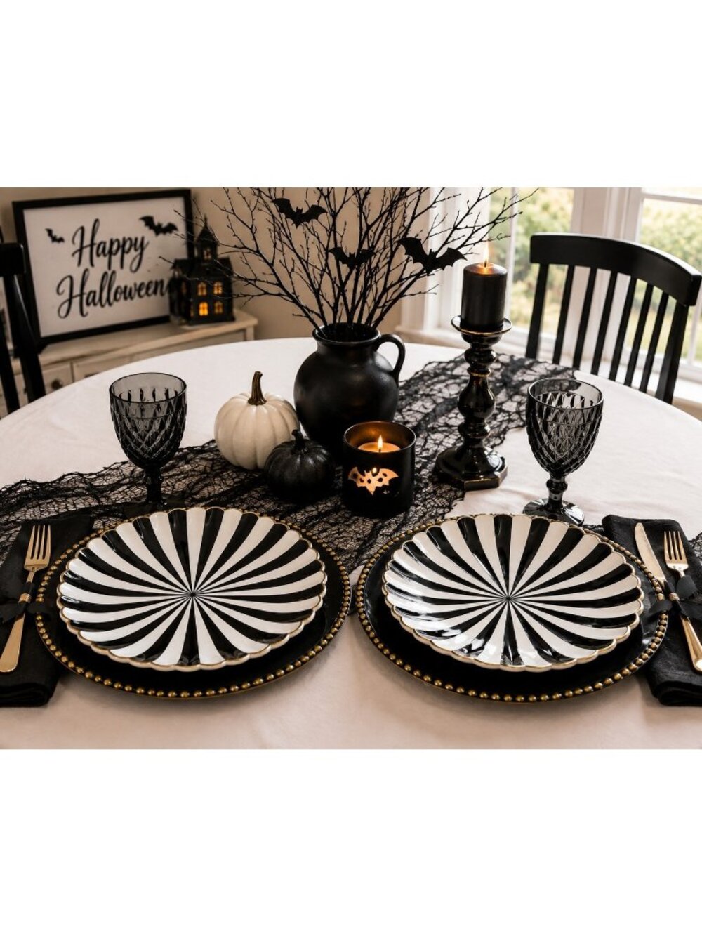 2 Black White Pinwheel Dinner Plates 11" Gold Trim Halloween Decor Modern